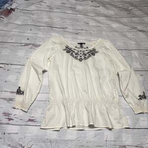 Nine West Tunic Blouse Womens M White Embroidered Floral Top Cotton